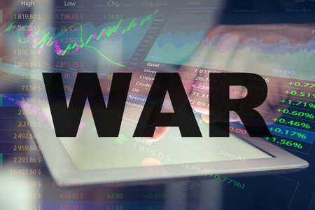 Influence of war on stock exchange. Man using tablet and illustration of rating graphの写真素材