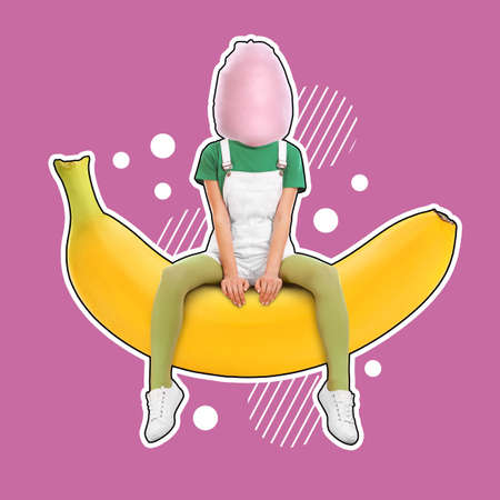 Cotton candy woman sitting on banana against pink background. summer party concept. Stylish creative collage designの写真素材