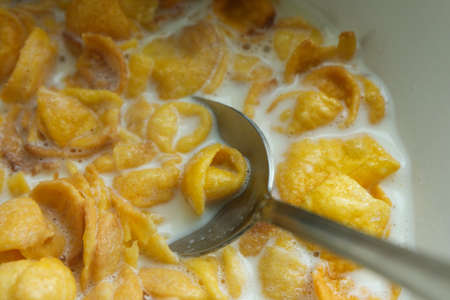 Plate of delicious crispy cornflakes with milk as background, closeup
