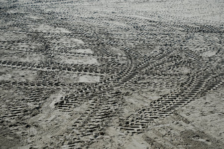 View of vehicle tire marks on sandの写真素材