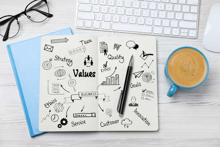 Concept of core values. Notebook with different images on white wooden table, flat lay
