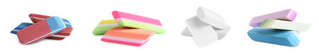 Collage of rubber erasers on white background. banner design