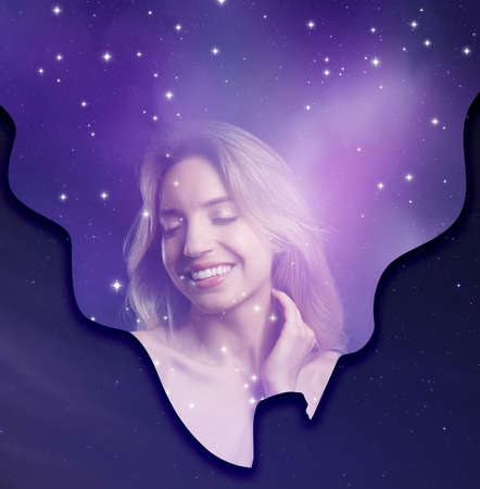 Double exposure of beautiful woman and starry sky. Astrology concept