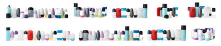 Set of different deodorants on white background. banner design