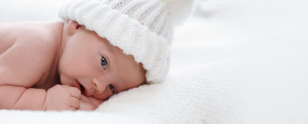 Cute newborn baby in white knitted hat on plaid, closeup view with space for text. banner design