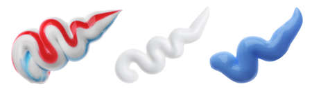 Set with smears of toothpaste on white background, top view. banner design