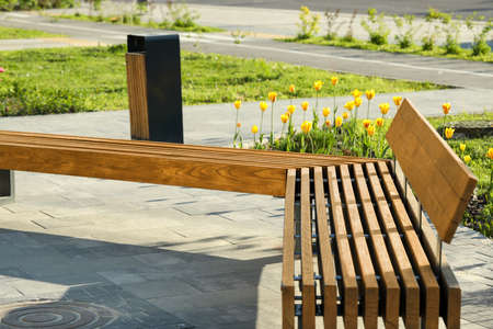 Wooden bench and trash bin in city park on sunny morningの写真素材
