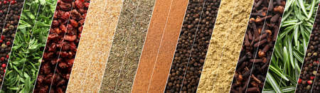 Collage with photos of different spices and herbs, top view. banner designの写真素材