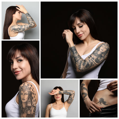 Collage with photos of beautiful woman with tattoos on bodyの写真素材