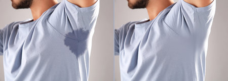 Man in t-shirt before and after using deodorant on gray background, closeup