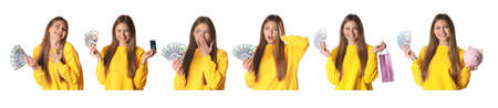Collage with photos of happy young woman holding money on white background. banner design