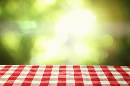 Table with red checkered cloth indoors. space for designの写真素材