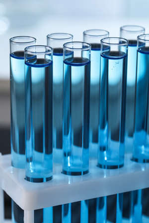 Test tubes with reagents in rack, closeup. laboratory analysis