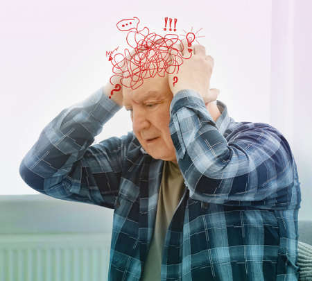 Senior man suffering from dementia at home. Illustration of messy thoughts during cognitive...