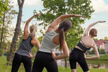 Women doing morning exercise in park, back viewの写真素材