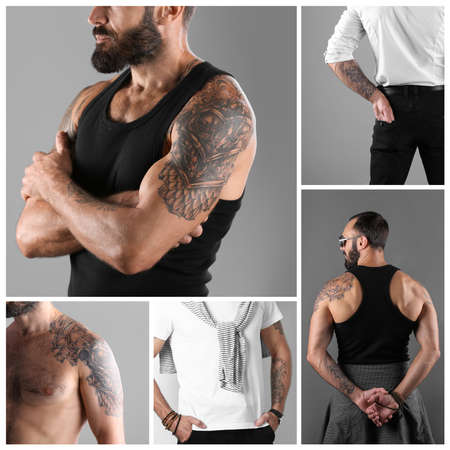Collage with photos of handsome man with tattoos on body against light gray background, closeup viewの写真素材