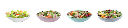Set with different tasty salads on white background. banner designの写真素材