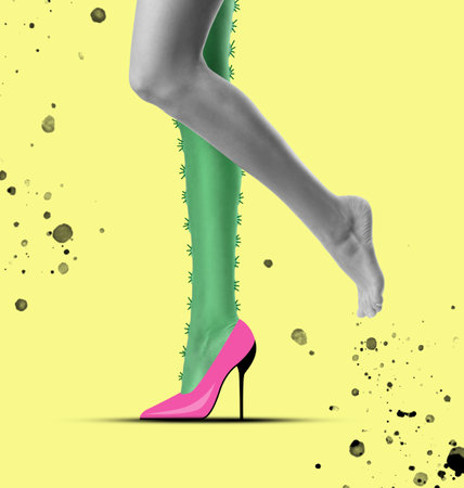 Epilation concept. Young woman with one leg as cactus and other one smooth on yellow background, closeupの写真素材