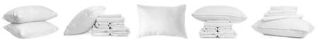Set with soft pillows and blankets on white background. banner design