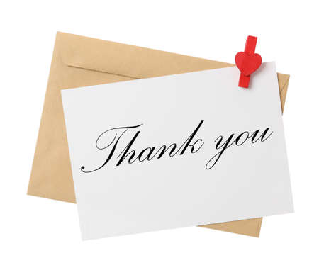 Card with phrase Thank You, envelope and decorative clothespin on white background, top viewの写真素材