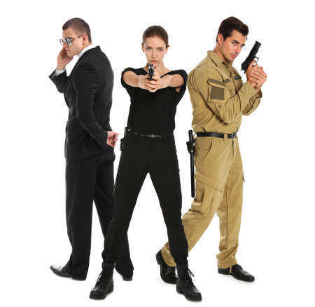 Different professional security guards on white background