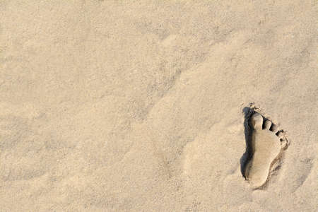 Human foot made of sand on beach, top view. Space for textの写真素材