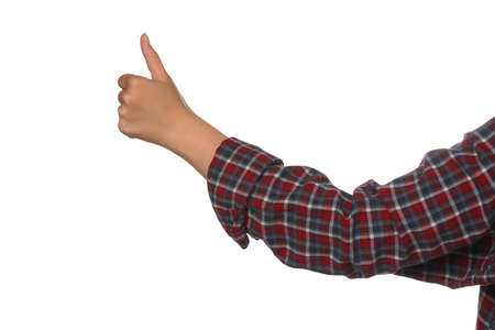 Woman hitchhiking on white background, closeup view