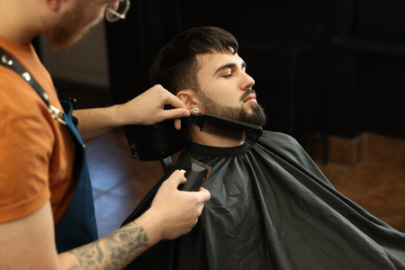 Professional hairdresser working with bearded client in barbershopの写真素材