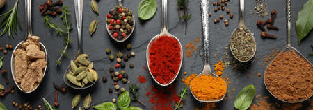 Different herbs and spices with spoons on black table, flat lay. banner designの写真素材