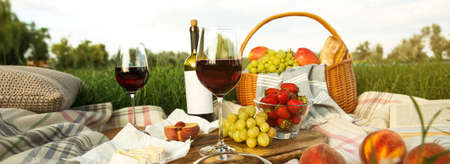 Picnic blanket with delicious food and wine on green grass. banner designの写真素材