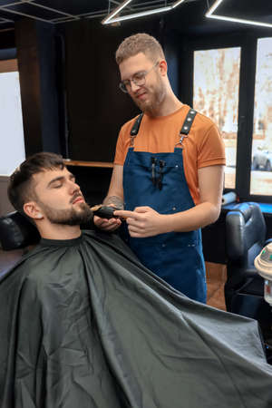 Professional hairdresser working with bearded client in barbershopの写真素材