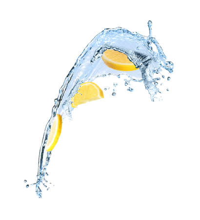 Fresh ripe lemon and splashing water on white backgroundの写真素材