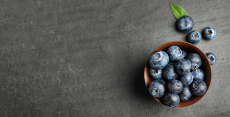 Tasty fresh blueberries on gray background, top view with space for text. banner designの写真素材