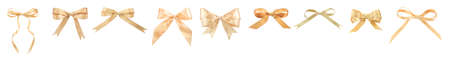 Set with beautiful golden bows on white background. banner designの写真素材