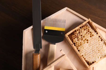 Honeycomb frames and beekeeping tools on wooden table, top view