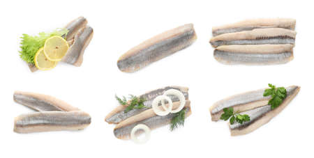 Set with delicious salted herring fillets on white background, top viewの写真素材