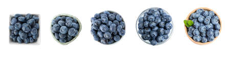 Set with fresh ripe blueberries on white background, top view. banner design