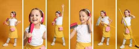 Collage with photos of funny little girl singing on orange background. banner designの写真素材
