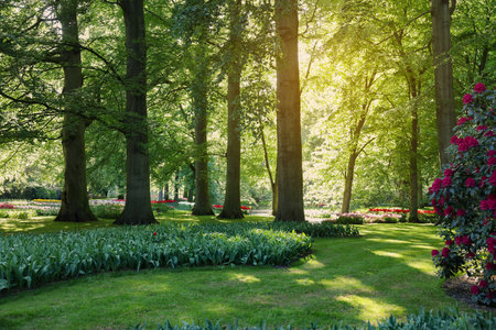 Park with beautiful flowers, trees and blooming bushes on a sunny day. spring seasonの写真素材