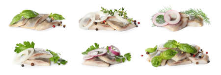 Set with delicious salted herring fillets on white background. banner designの写真素材