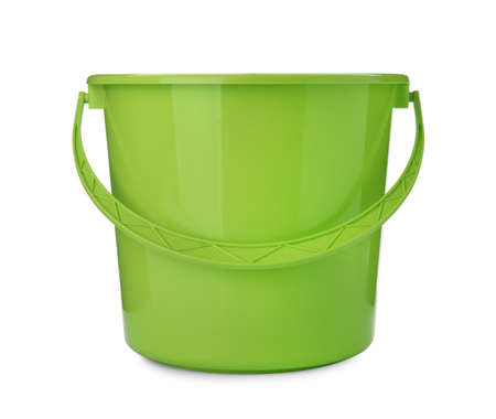 Empty green bucket for cleaning isolated on whiteの写真素材