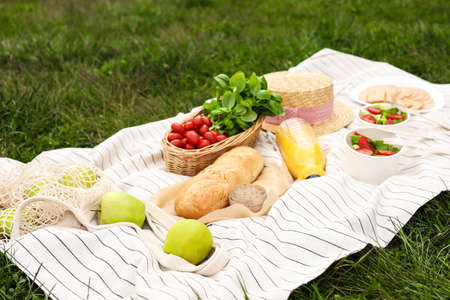 Picnic blanket with juice and food on green grassの写真素材