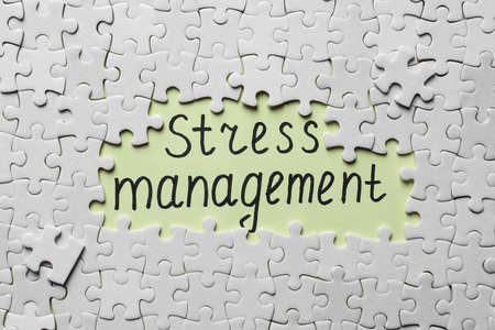 White puzzle pieces and phrase STRESS MANAGEMENT written on light green background, flat layの写真素材