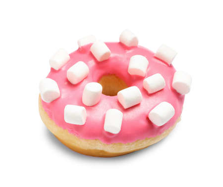 Sweet delicious glazed donut decorated with marshmallow on white backgroundの写真素材