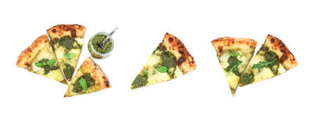 Set of delicious pizza slices with pesto and cheese on white background, top view. banner designの写真素材