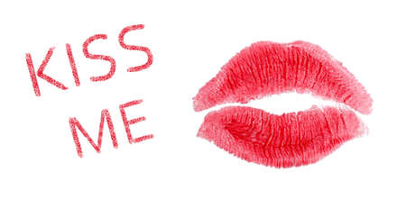 Lipstick mark and phrase Kiss me on white backgroundの写真素材