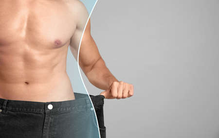 Closeup view of man with slim body in oversized jeans on gray background, space for text. weight lossの写真素材