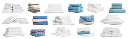 Set with colorful towels and pillows on white background. banner designの写真素材