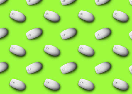 Many white computer mice on bright green background, flat lay. Seamless pattern design