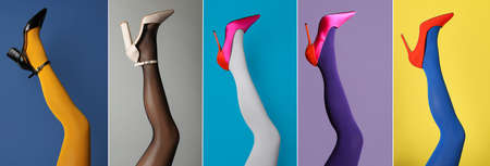 Collage with photos of women showing fashionable collections of stylish shoes, tights and socks on different color backgrounds, closeup view of legs. banner designの写真素材